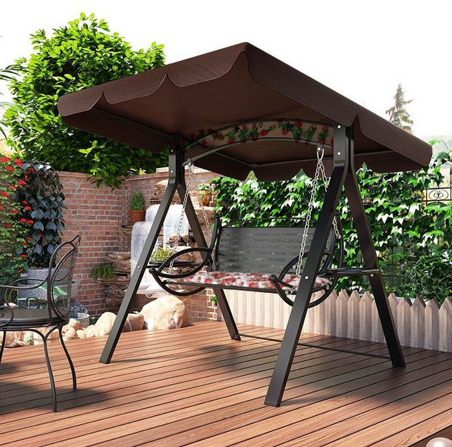 일상감각 그네의자 야외 마당 정원용 정원용 발코니 철제, 호화로운 블랙 차양막 포함 2인용 쿠션