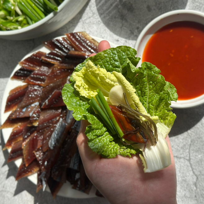 [겨울별미특가] 포항 구룡포 햇 과메기 쫀득함과 꾸덕함의 끝판왕, 1개, 과메기 5미 실속야채세트