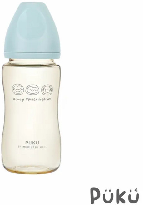 PUKU 藍色企鵝飽飽歐蕾PPSU寬口奶瓶330ml，寶寶學飲奶瓶，安全耐用, 靜藍, 1個, 330ml