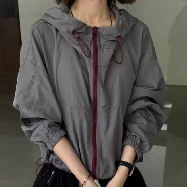 여성 후드 바람막이 점퍼 루즈핏 스트링 집업 경량 자외선차단 여름아우터