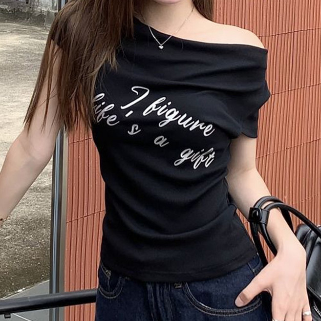 cammello 오프숄더 투웨이 언발 레터링 반팔 티셔츠 여성 반팔티