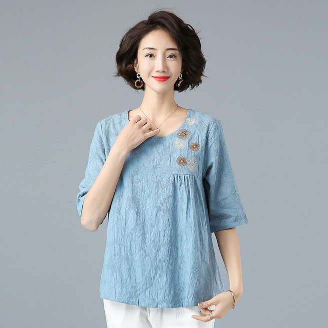 여성용 봄 여름 빅사이즈 면마 라운드 루즈 자수 중년 7부 소매 티셔츠 26nh03jj