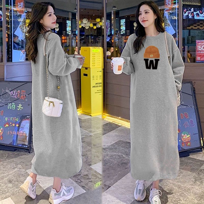 페이준 가을 겨울 원피스 캐주얼 긴팔 오버핏 라운드 기모 맨투맨 롱 원피스 YF174