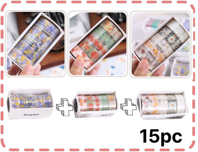 글로우엘 감성 다꾸 데코 꽃 마스킹 테이프 롤 투명 PET 스티커 15pc