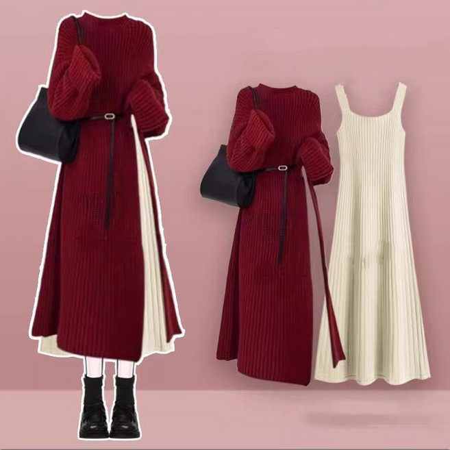 jieve 여성 가을 겨울 니트 원피스 슬림핏 허리띠 세트 긴소매 SY082930
