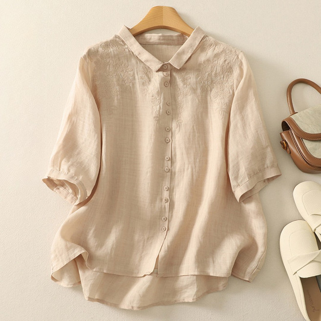 플랜앤유 여성 린넨 자수 블라우스 반팔 여름 카라 셔츠