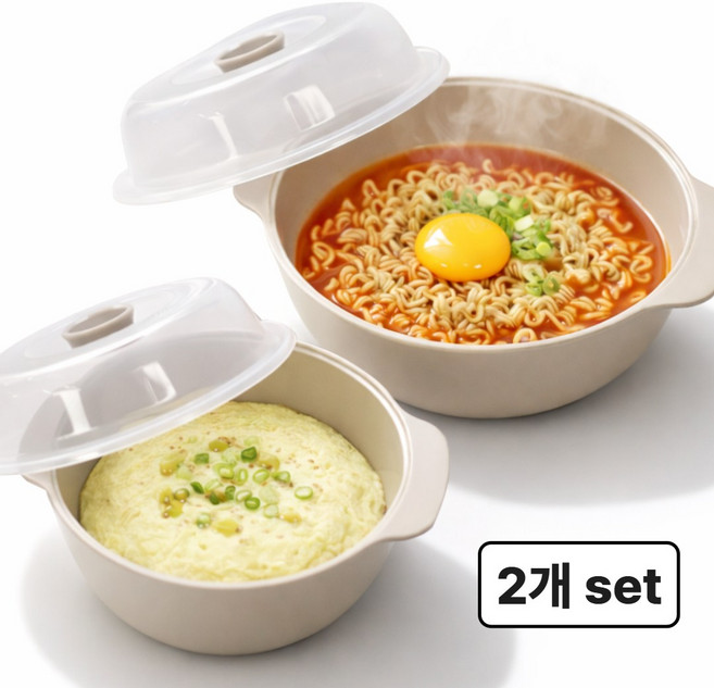 로벨스 국산 전자레인지 찜기 용기 만능 라면 계란찜, 1세트, 크림베이지(소형0.5L+중형1.2L)