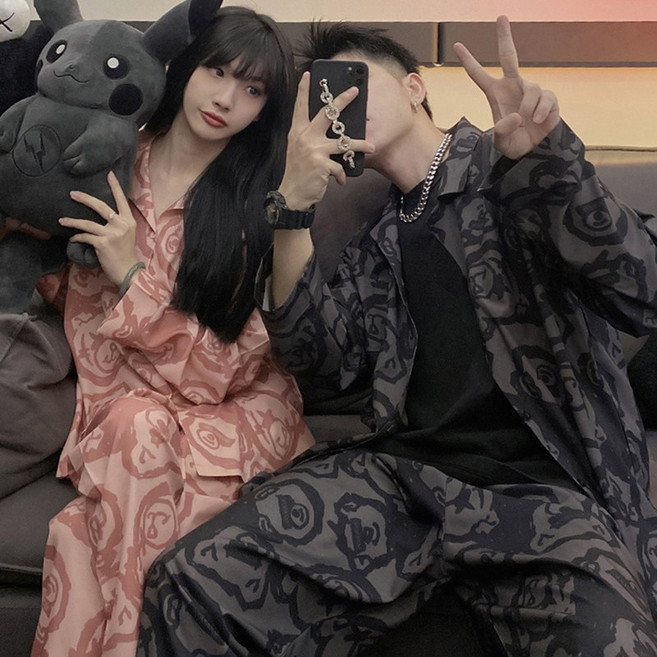 1+1 커플 파자마 세트 캐주얼 봄 가을 잠옷 상하의 투피스 세트 기질 실내복 남녀 훔웨어 세트 LPC