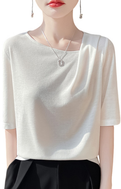 여름 여성 반팔티 실크감 스퀘어넥 루즈핏 비대칭 숄더넥 니트 RWM24