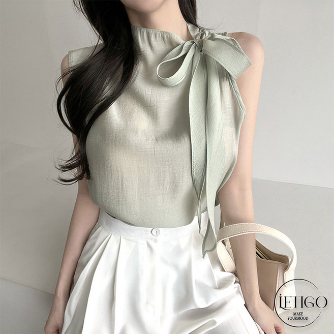 레티고 실키 봄 여름 하객룩 리본 타이 쉬폰 민소매 블라우스