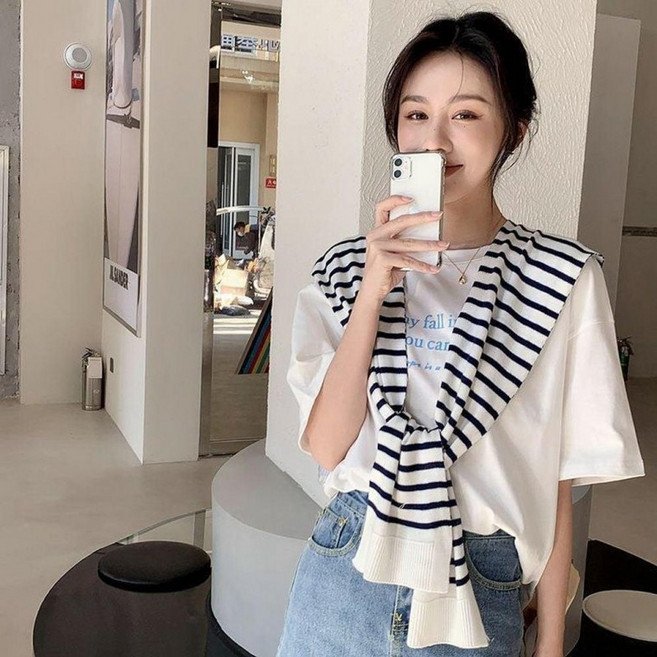 스트라이프가디건 페이크스카프 울 양모 니트 숄 스트라이프 가디건 어깨 페이크 스카프 여성