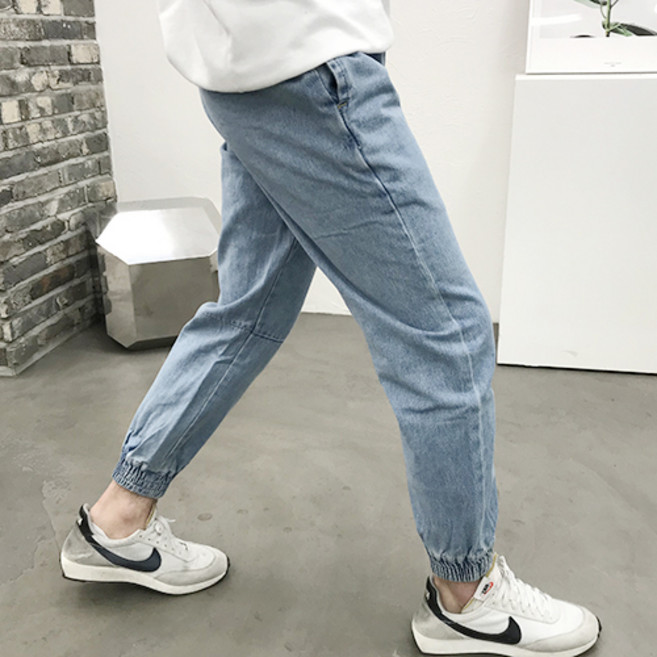 용된다 남자 연청 밴딩 벌룬 조거 데님 청바지