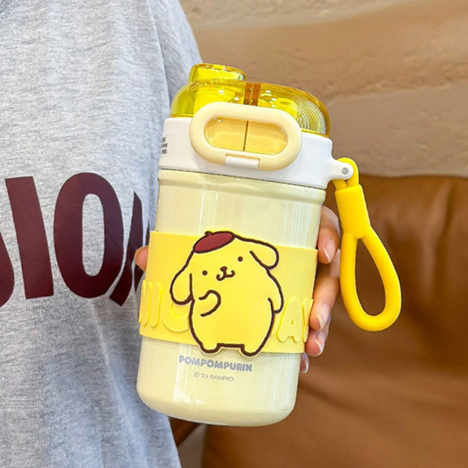 산리오 시나모롤 더블캡 롱 빨대 텀블러 귀여운 보온 보냉 물병 다나에+Integrated International Trade Co. Ltd 머리핀, 430ml, 폼폼푸린, 1개