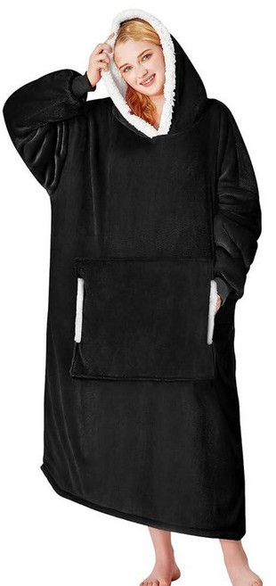 Yescool 오버사이즈 담요 후드 아늑하고 따뜻한 스웨트셔츠 담요 남성용 담요 가운 남성용 셰르파 후드 가정 및 야외 라운지에 적합 프리 사이즈, 블랙