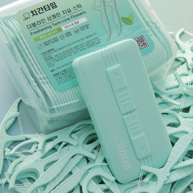 치간타임 트윈라인 치실 얇은 400D 어금니치실 전용케이스, 1세트, 210개입, 420cm, 민트케이스+민트치실