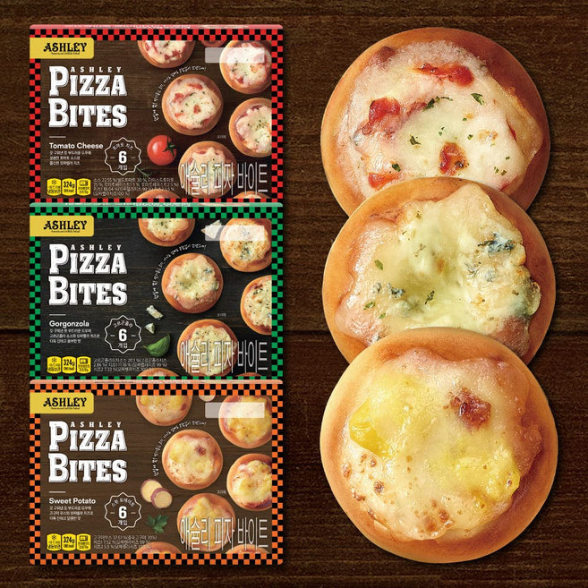 애슐리 미니 피자 바이트 3종 세트 온라인 패키지 총 18개입 (고르곤졸라1+고구마1+토마토치즈1), 54g