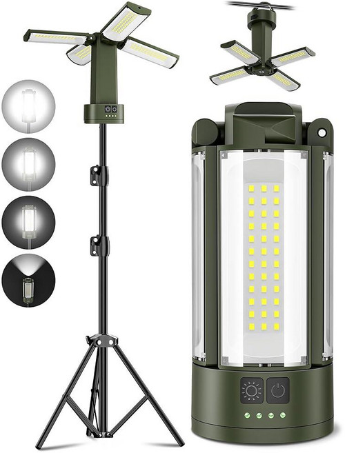 T-SUN 스탠드가 있는 충전식 캠핑 조명 10400mAh LED 작업 4100루멘 램프 헤드 4개 탈착식 삼각대가 최대 높이 170.2cm(67인치) (그린) 36439