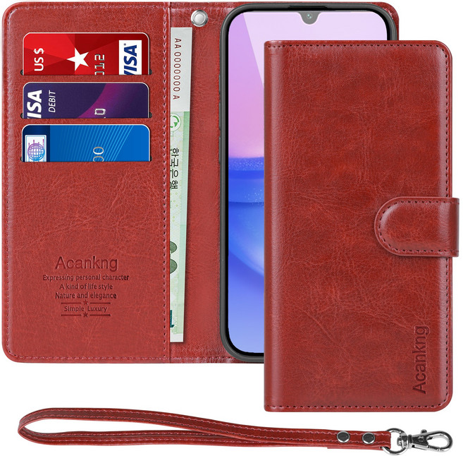 아칸크 삼성 갤럭시 A15(SM-A155N) 가죽 지갑형 스트랩 다이어리 휴대폰케이스+핸드스트랩 세트