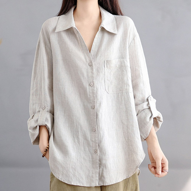 플랜앤유 여자 간절기 긴팔 내추럴 린넨 루즈핏 셔츠