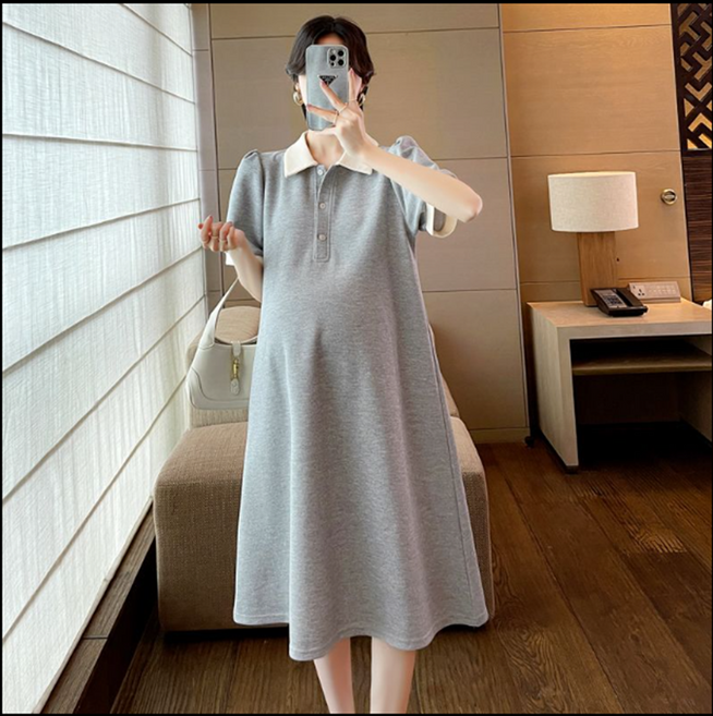 여름 임산부 롱 원피스 데일리 임부 빅사이즈 폴로넥 티셔츠 드레스 캐주얼 임부복 원피스 JXH