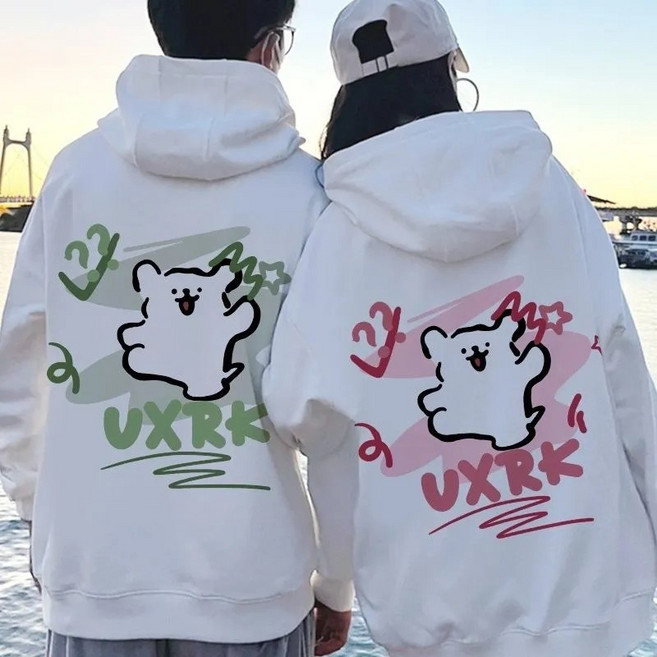 1+1 남녀 오버핏 캐릭터 강아지 기모 후드티 캐릭터 커플맨투맨