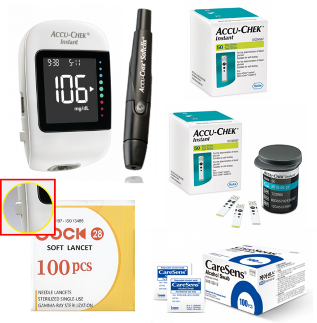 신형 아큐첵 인스턴트 혈당측정기 풀세트 (기계+채혈기+시험지110매+호환침110개+알콜솜100매+전용파우치) 검사지 제거 버튼 메모리 추가 SW, 1세트