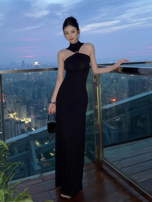 dala 純欲氣質掛脖無袖長裙, 黑色