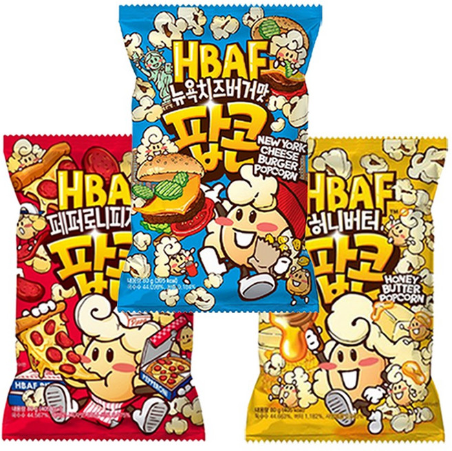 HBAF 바프 팝콘 페퍼로니피자맛+뉴욕치즈버거맛+허니버터, 80g, 1세트