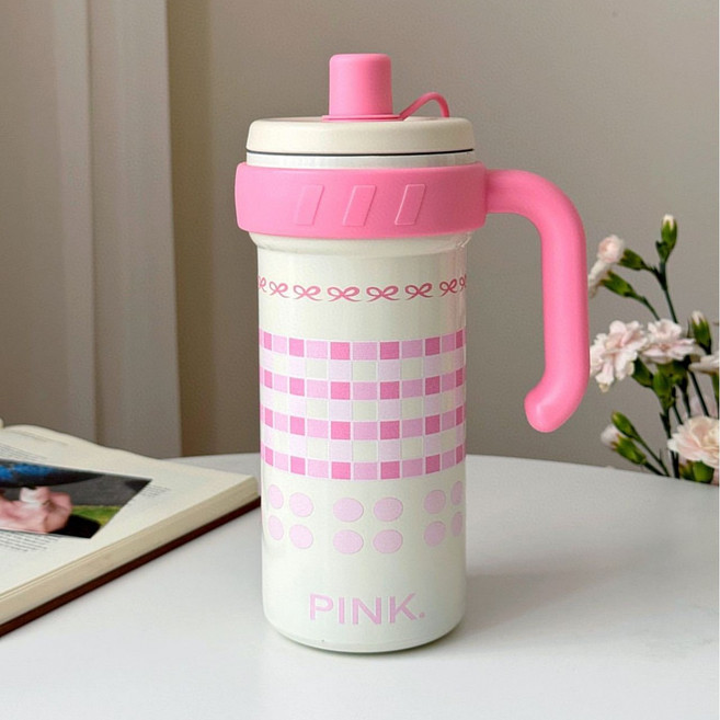 고급스러운 디자인의 보온 물컵 낙하 방지 아이스컵 빨대컵 휴대용 커피컵 스포츠 야외용 물병, 1000ML, 화려한 아이스바 보온컵-핑크 체크무늬