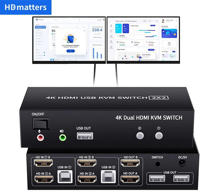 HDMI KVM 스위치 4K 60Hz 듀얼 모니터 확장 디스플레이 USB KVM 스위처 컴퓨터 공유 모니터용 2 in 2 out 2X2 2X1, 1.2X1 without hotkey, 1개