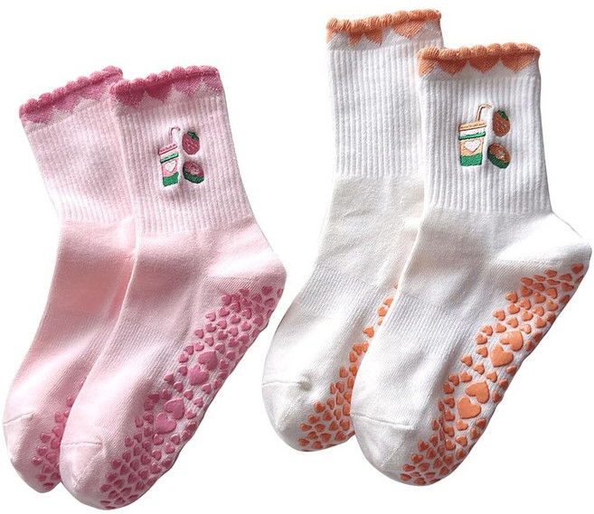 Havique 2 Pairs Cute Pilates Socks with Grips Crew Yoga Socks for Women Barre Workout Non Slip Ruf