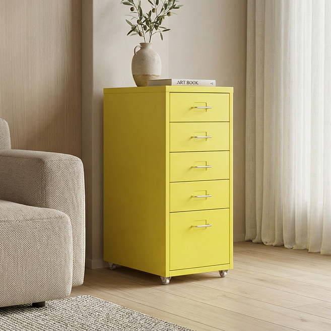 Polyidea 철제 서랍장 이동식 수납장 조립식 서랍장 사무실 거실 데스크 책상밑 공간 활용, 노란색, 5단