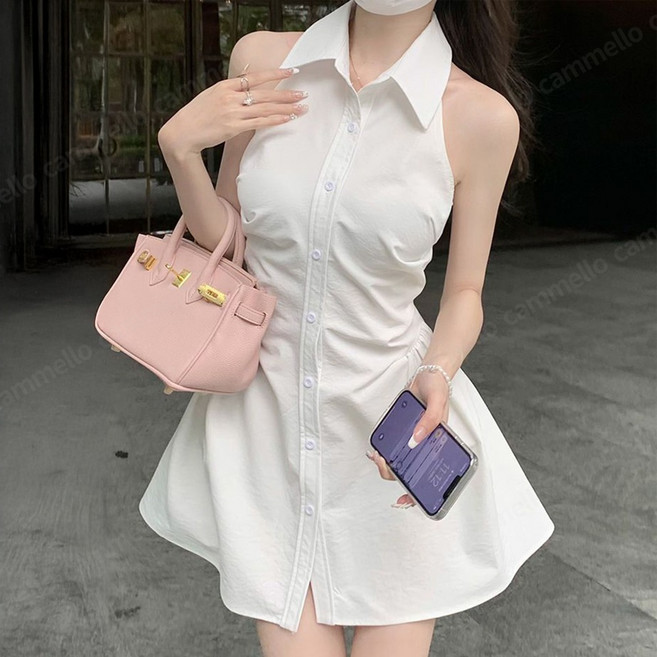 cammello 화이트 셔츠 미니 원피스 나시 카라넥 허리 슬림