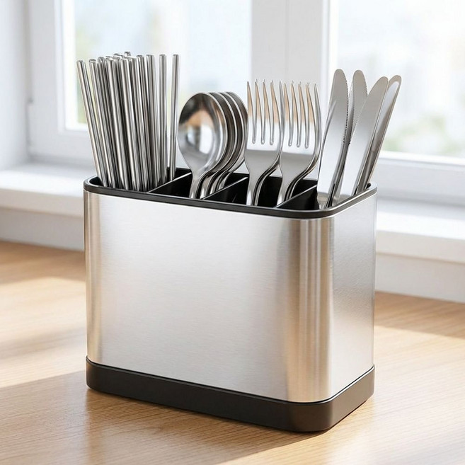 밀로뉴 스테인레스 물빠짐 칸칸이 수저통, 1개, 실버