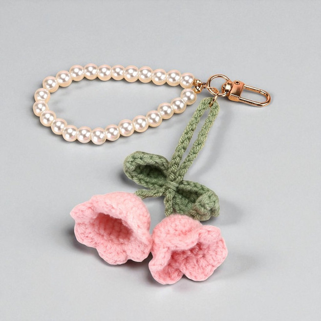 엘리다움 플레르 튤립 진주 키링 미니 뜨개 니트 꽃 열쇠고리 플라워 백꾸 가방 에어팟 버즈 꽃백참, 1개, 핑크 튤립