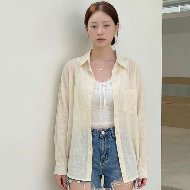 지쥬 자체제작 여성 여름 시스루 셔츠 오버핏 루즈핏 긴팔 여름 데일리 가디건 남방 빅사이즈 캐주얼