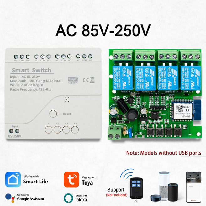 Tuya 4CH 스마트 Wifi 릴레이 무선 스위치 모듈 732V 85250V 220V 2200W RF433 10A 4 채널 수신기 Alexa와, 02 AC 85250V CASE