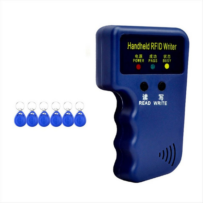 125kHz RFID 카드 리더+키 포브 키트 복사기 작가 복사기 복제기 프로그래머 ID 카드 사본 EM4305 T5577 각 쓰기 가능한 태그, 6 개의 키 포드, 파란색