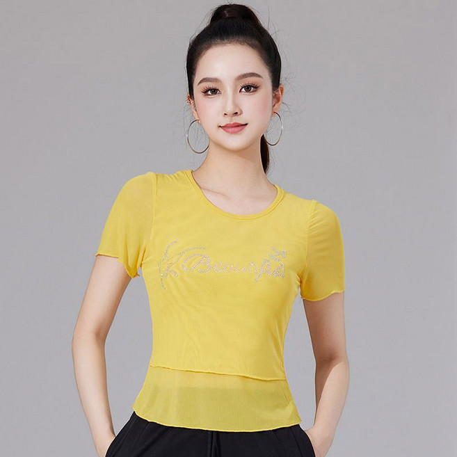 페이준 댄스복 여름 이중 망사 컬러 다이아 슬림핏 댄싱 상의 HY5869