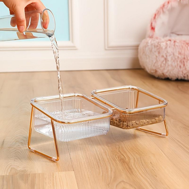 고양이 강아지 겸용 투명 사선형 이중 스탠드 반려동물 식기세트, 1개, 골드