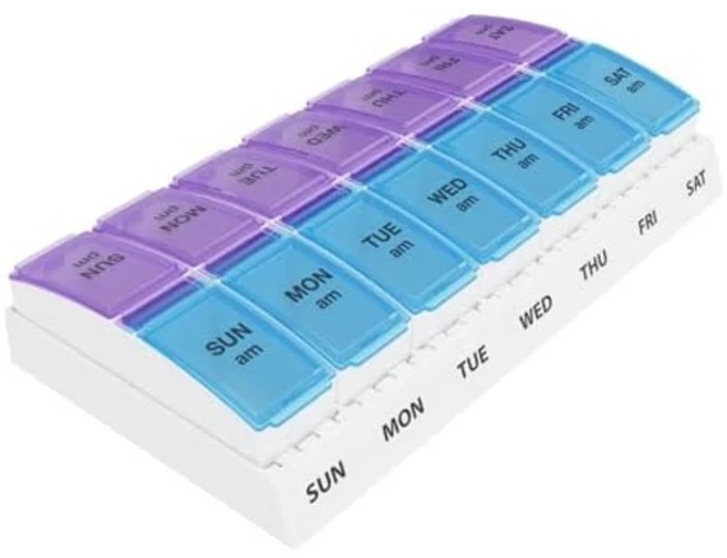 이지 도즈 위클리 7일 AMPM 알약 정리함 일일 비타민 용기 및 약 상자 대형 팝업 수납함 여행용 하루 2회 파란색 노란색 뚜껑, Blue and Purple, Small, 1개 - 쿠팡