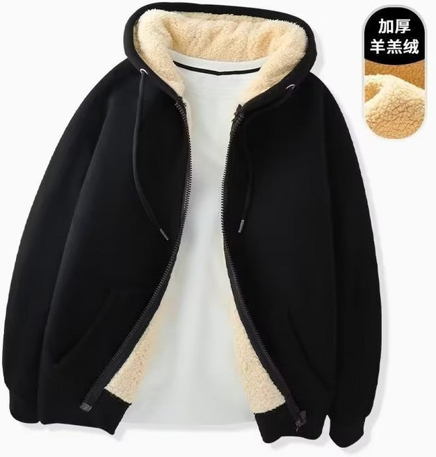 刷毛加厚連帽外套 男 秋冬寬鬆純色羊羔絨拉鏈衛衣