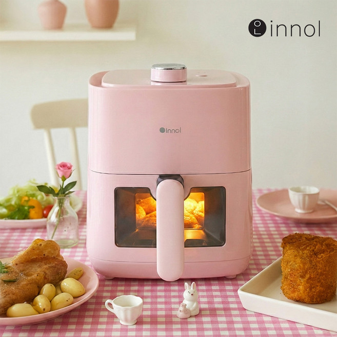 이놀 투명창 심플 1인용 2L 에어프라이어, 핑크, EW044