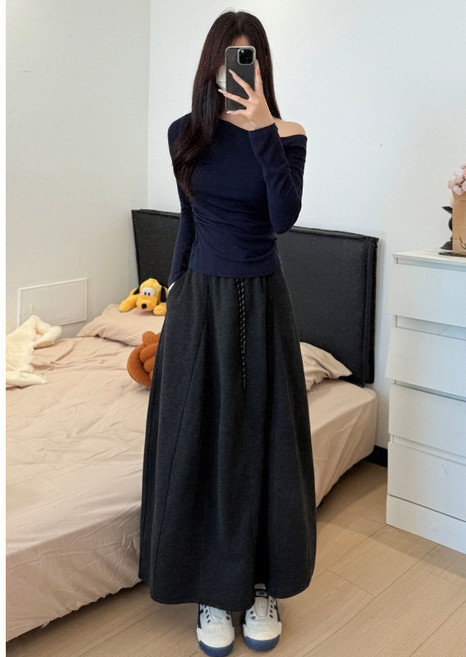 深灰糯米裙女秋冬季高腰A字裙大碼小個子半身裙時尚顯高花苞中長細帶裙甜美清新加厚半身裙