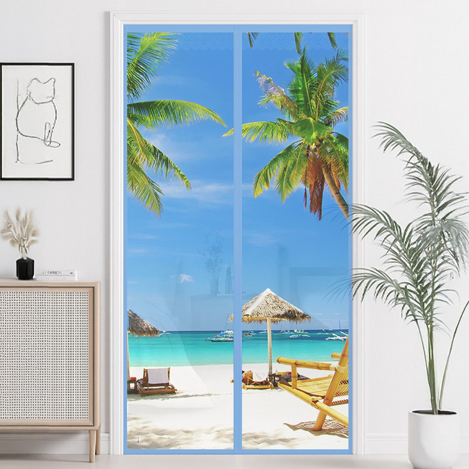 코팅블루 찍찍이 간편설치 튼튼한 방문 현관 일체형 자석 모기장세트, 썸머비치