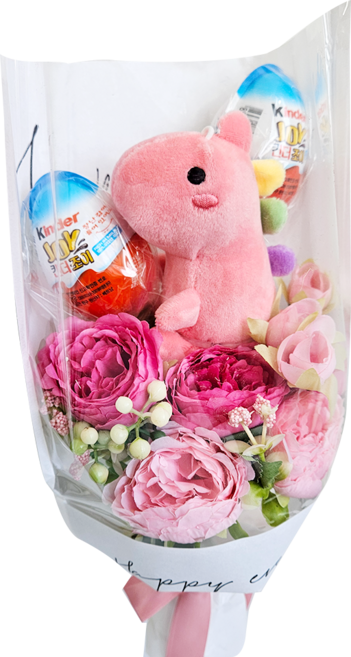 킨더 초콜릿 공룡 키링 조화 꽃다발 졸업식 발표회 학예회 선물, 베이비핑크-완제품