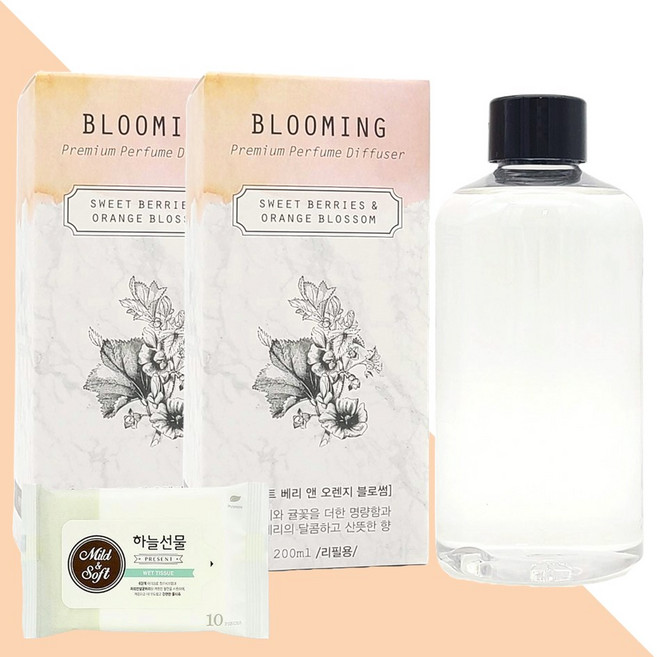 블루밍 홈 디퓨저 리필 스위트베리&오렌지블로썸 200ml 2개(+휴대용 물티슈 1개), 2개, SWEET BERRIES & ORANGE BLOSSOM
