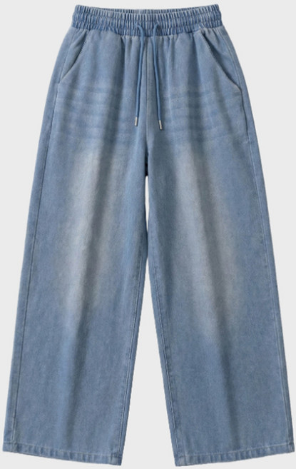 여성 하이웨스트 밴딩 워싱 와이드 데님 팬츠
