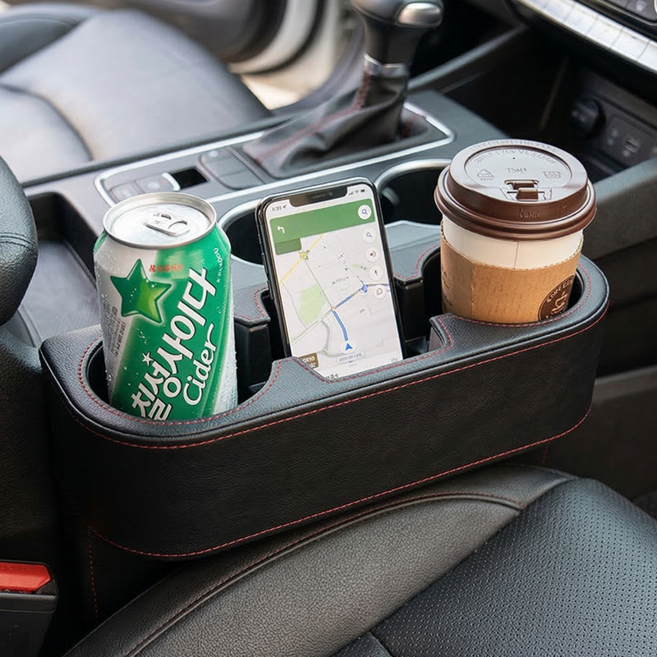 라이프엔라이크 차량용 가죽 컵홀더 2구 자동차 틈새 컵거치대 차량 컵홀더, 블랙, 1개