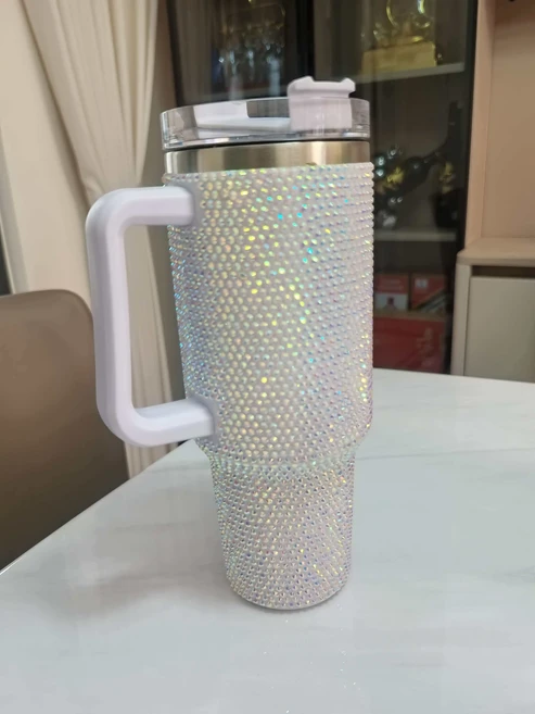 40온스 다이아몬드 장식 차량용 스포츠 사무실 빨대컵 스테인리스 스틸 여행용 물병 (성인용), 03 white